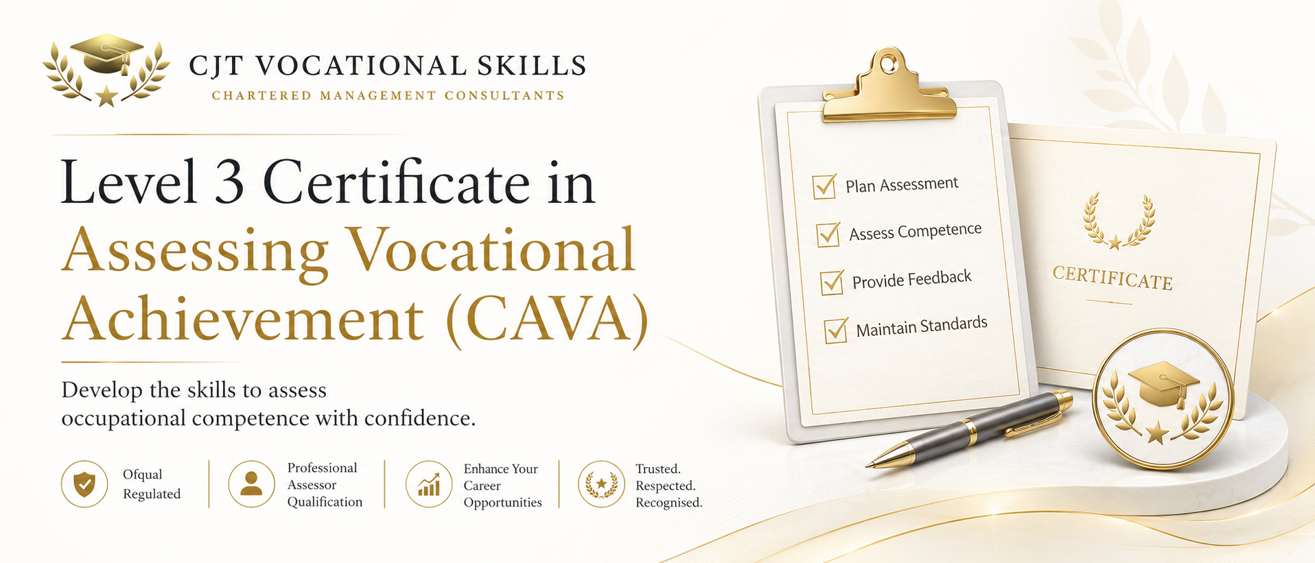 Digital graphic promoting a Level 3 Certificate in Assessing Vocational Achievement (CAVA) from CJT Vocational Skills. Features a gold and white design with a checklist on a clipboard, a certificate, a pen, and icons with text highlighting features like regulation, assessor qualification, career opportunities, and trustworthiness.