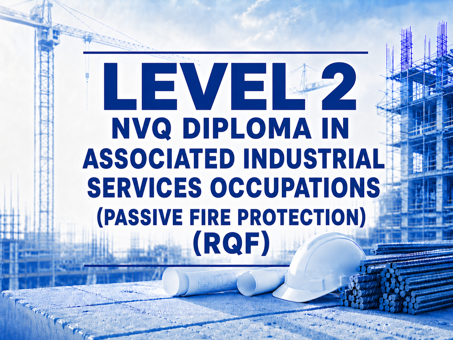 Construction site with cranes and a building under construction. Blue overlay with text about Level 2 NVQ Diploma in Associated Industrial Services Occupations (Passive Fire Protection) (RQF). Construction helmet, rolled blueprints, and construction materials on a table in the foreground.