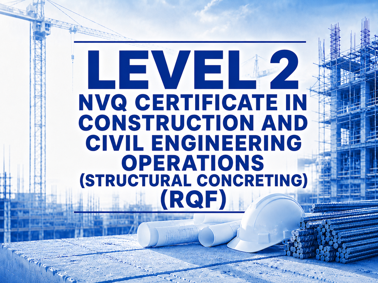 Construction site with buildings under construction, cranes, and construction materials including blueprints and a safety helmet, overlaid with text about a Level 2 NVQ certificate in construction and civil engineering operations.