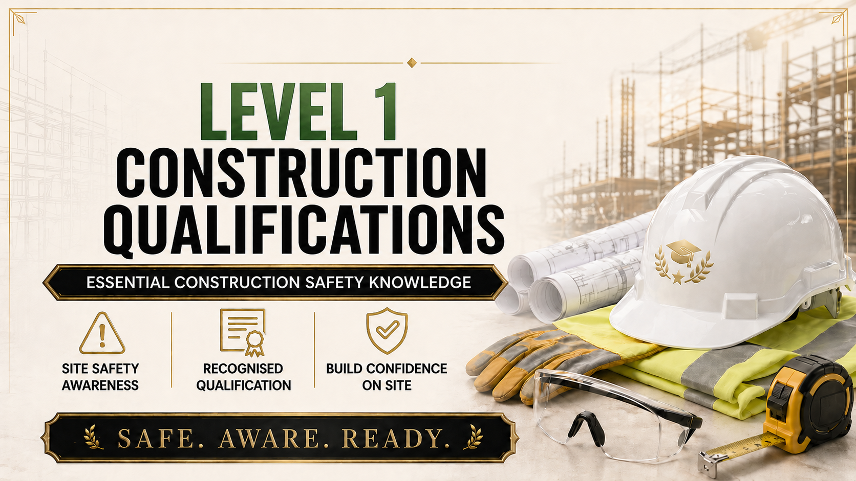Construction safety equipment including a helmet, gloves, safety glasses, measuring tape, and rolled blueprints on a construction site background with building scaffolding.