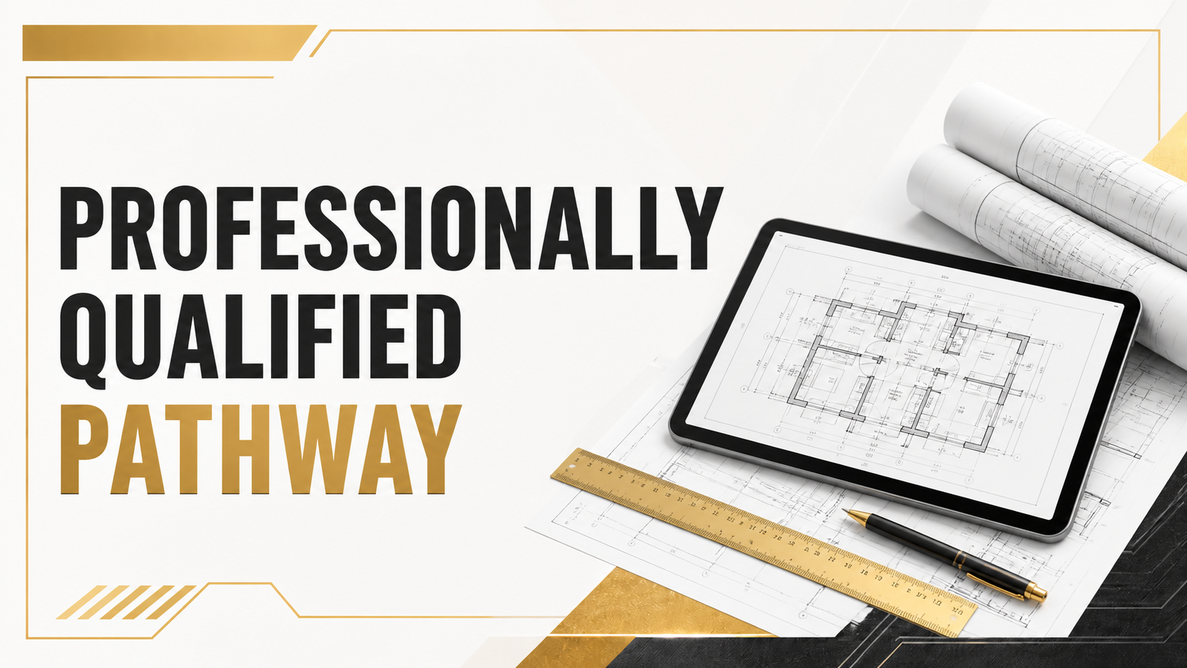 Blueprints, a ruler, and a tablet displaying a building plan on a desk, with the text "Professionally Qualified Pathway".