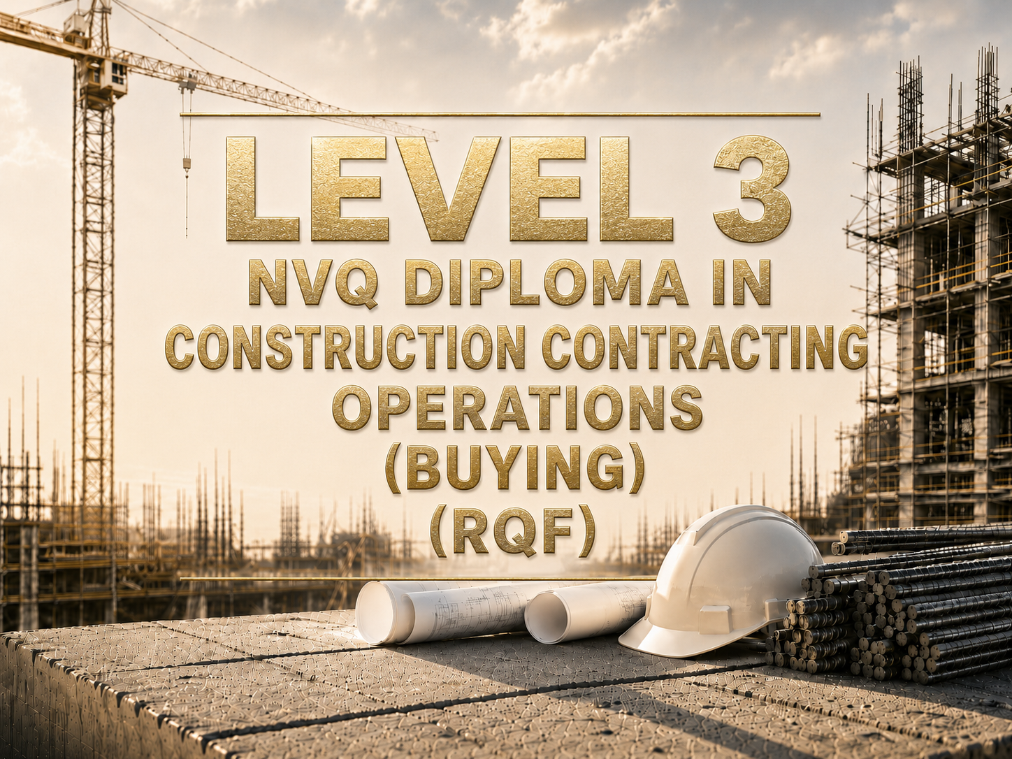 Construction site with a large crane, building framework, and construction materials, featuring overlaid text about a Level 3 NVQ diploma in construction contracting operations.