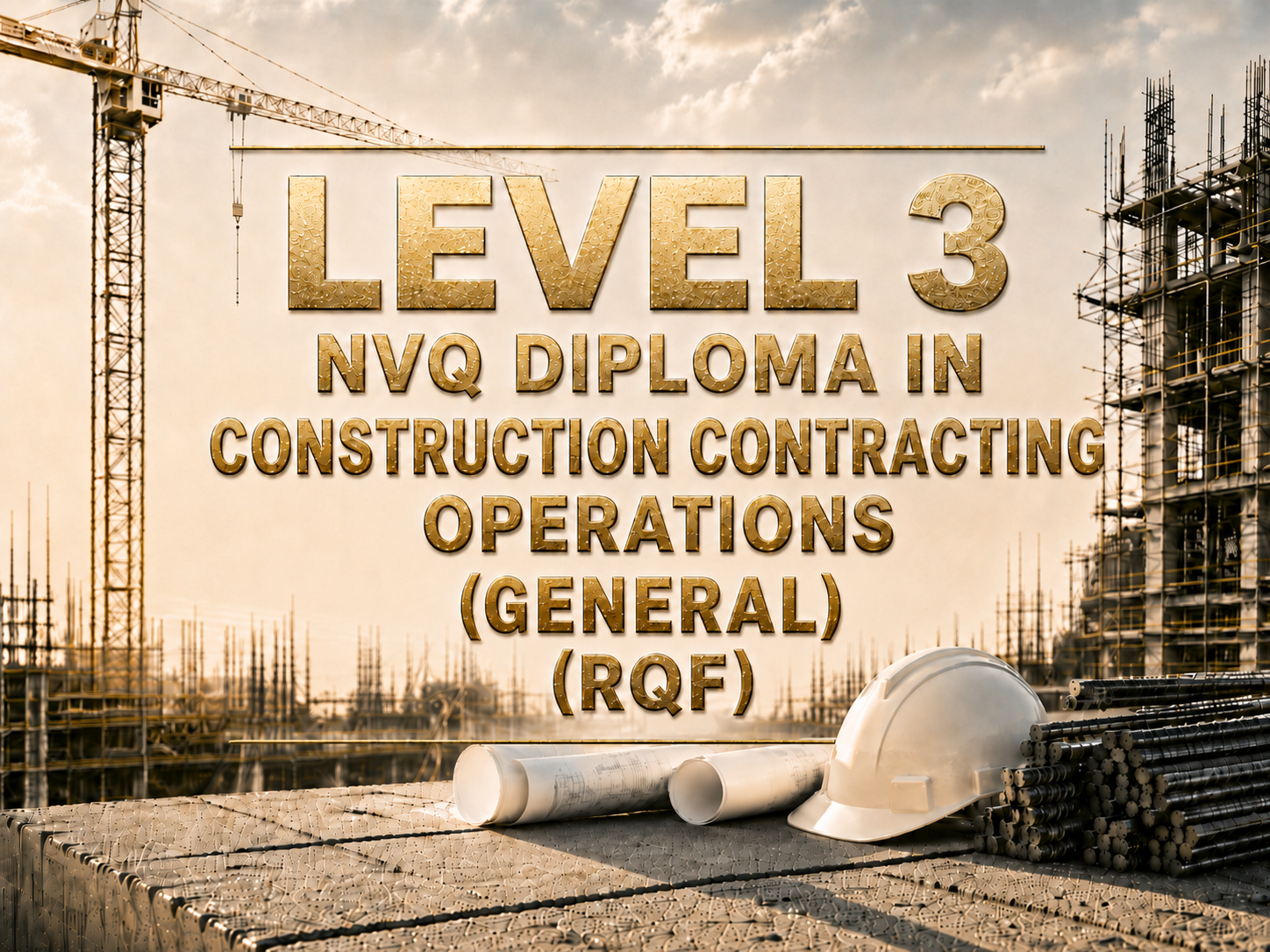 Construction site with a tower crane, building scaffolding, safety helmet, pipes, and construction materials. Overlaid text: "Level 3 no diploma in construction contracting operations (general) (RQF)"