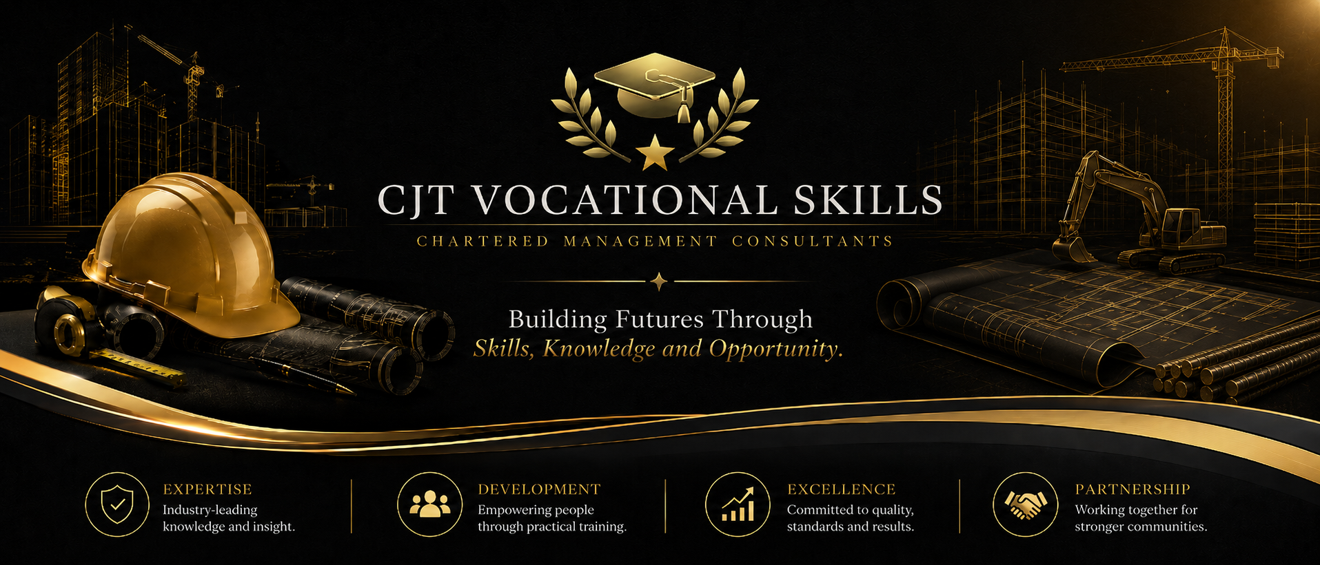 Formal digital banner for CJT Vocational Skills, a chartered management consulting firm. The design features gold and black colors with construction-themed images such as a yellow hard hat, rolled blueprints, a small excavator, and a city skyline outline under construction. The banner highlights expertise, development, excellence, and partnership.