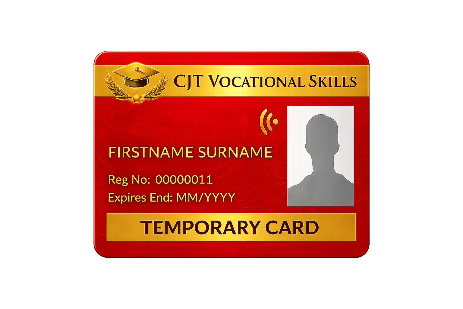 A red and gold vocational training ID card with a silhouette photo, labeled 'Temporary Card' for CJT Vocational Skills, featuring placeholder name 'FirstName Surname' and registration number '00000011' with expiration date in MM/YYYY format.