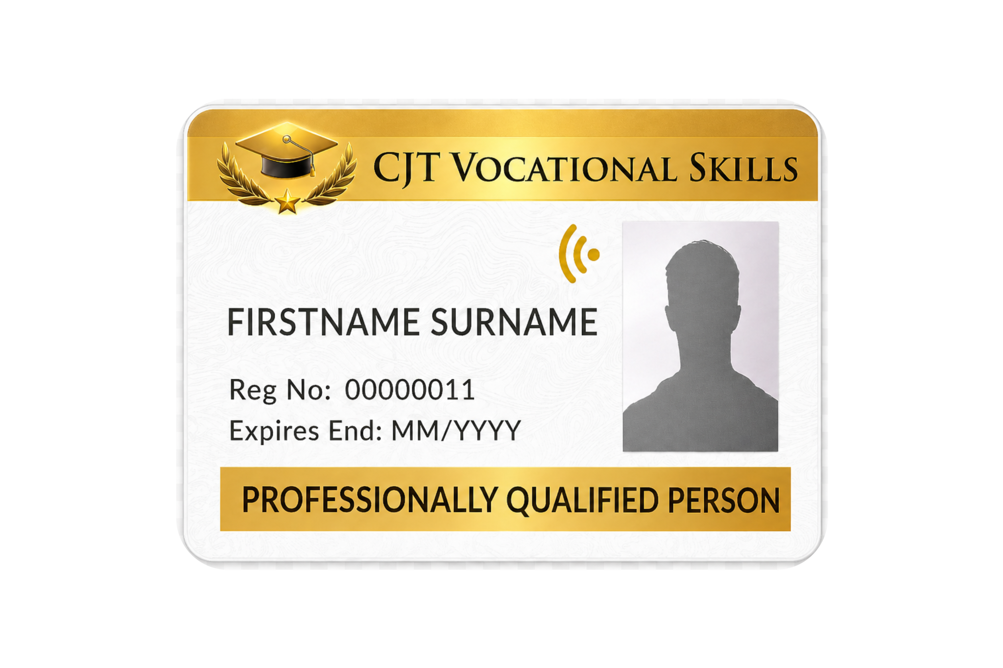 Close-up of an identification badge for CJT Vocational Skills with a gray silhouette photo, registration number 00000011, expiration date MM/YYYY, and the text 'PROFESSIONALLY QUALIFIED PERSON' at the bottom.