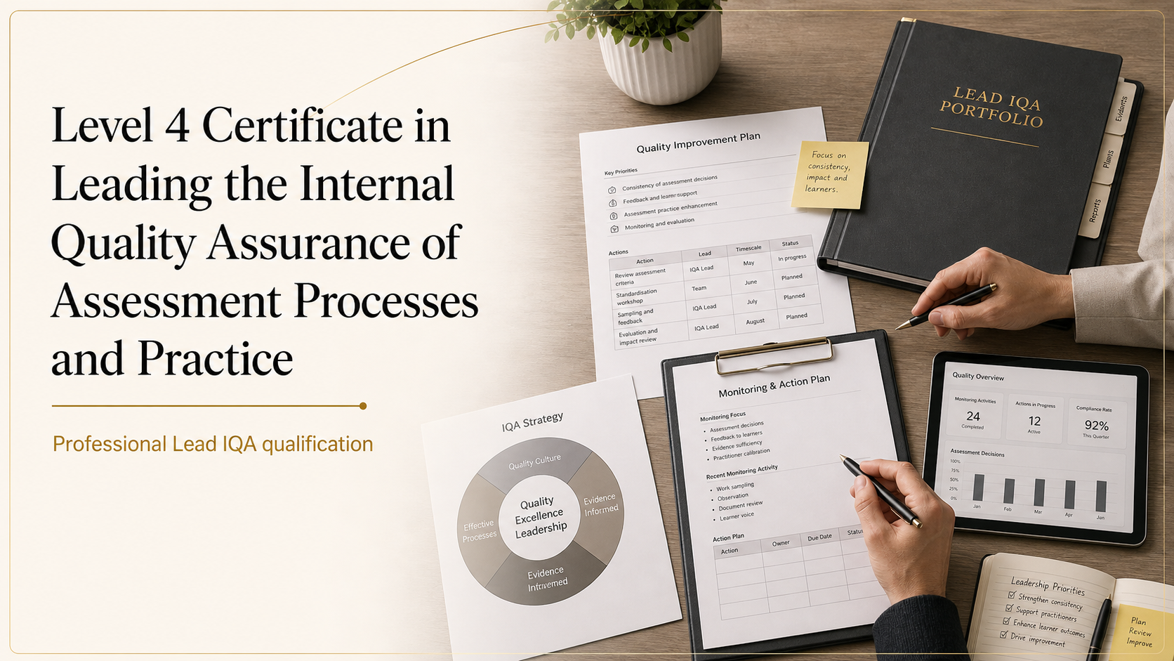 Text on the left side reads 'Level 4 Certificate in Leading the Internal Quality Assurance of Assessment Processes and Practice. Professional Lead IQA qualification.' The right side shows documents, a tablet, and a hand holding a pen on a wooden desk, with plants and folders.
