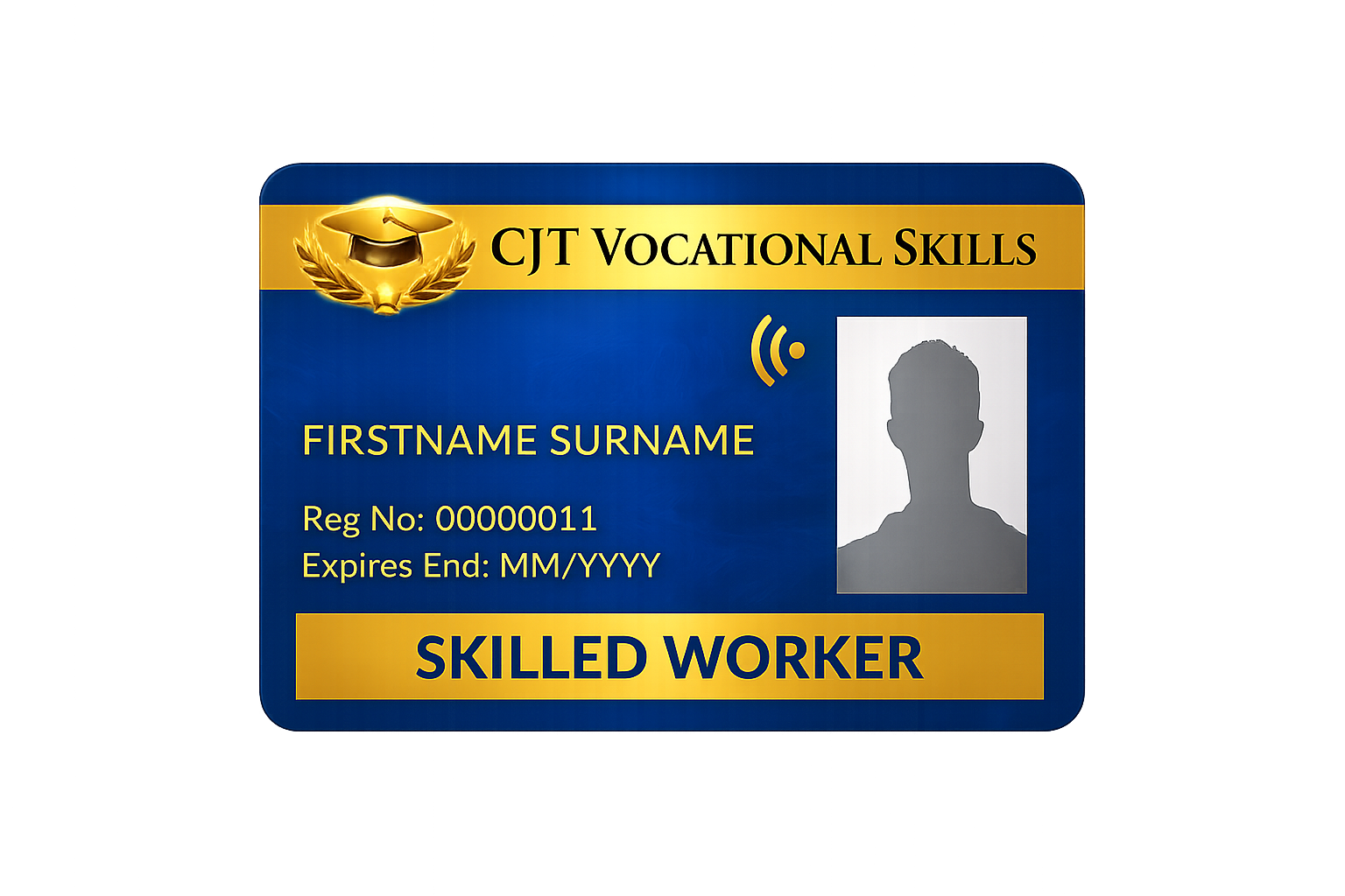 ID badge for a vocational skills program displaying a person's silhouette photo, name, registration number, expiration date, and labeled as a skilled worker.