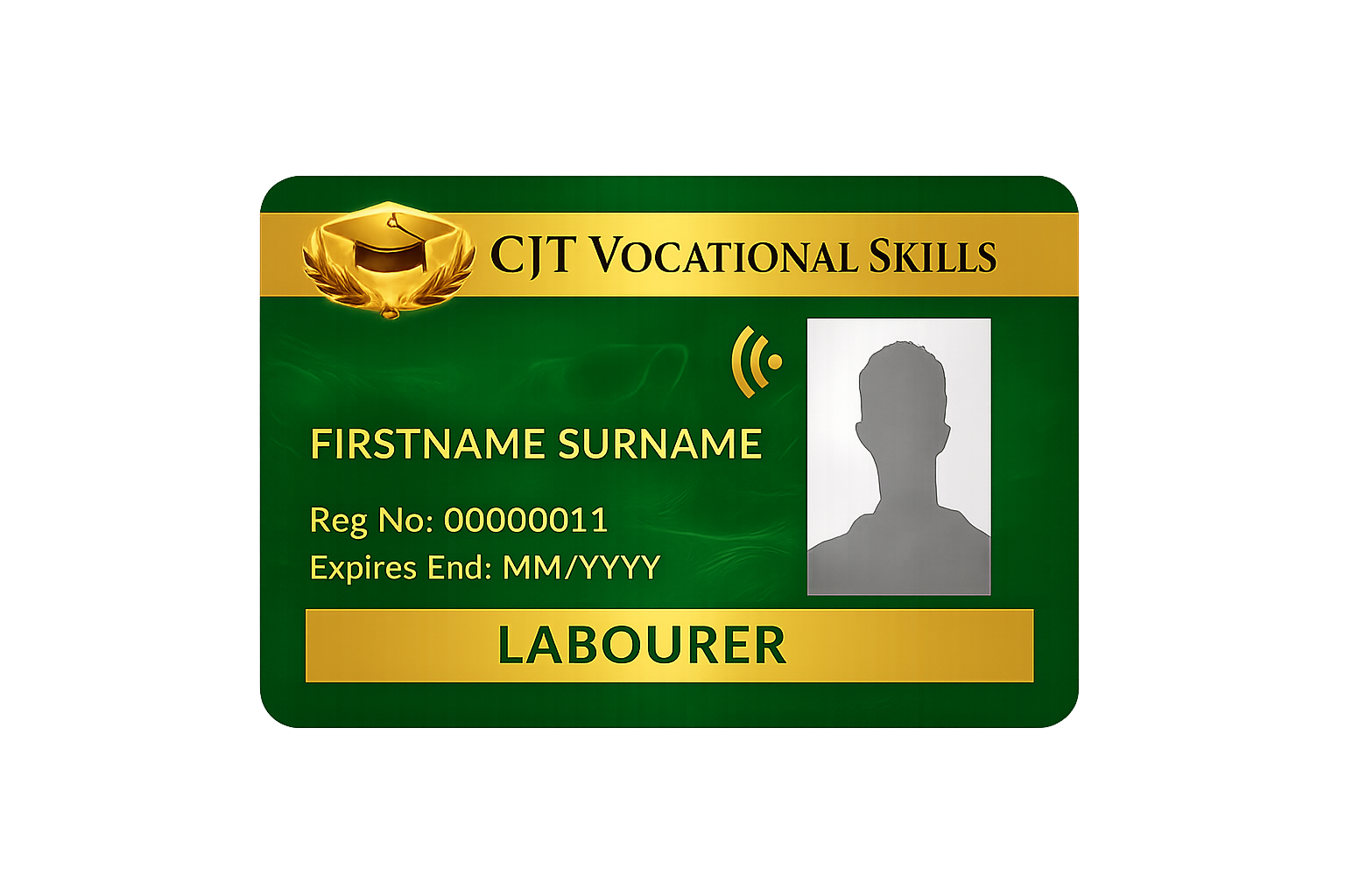 A green and yellow identification card for a vocational skills program labeled 'CJT Vocational Skills' with a gray silhouette photo placeholder, displaying the name 'Firstname Surname,' a registration number, expiration date, and a designation 'Labourer.'