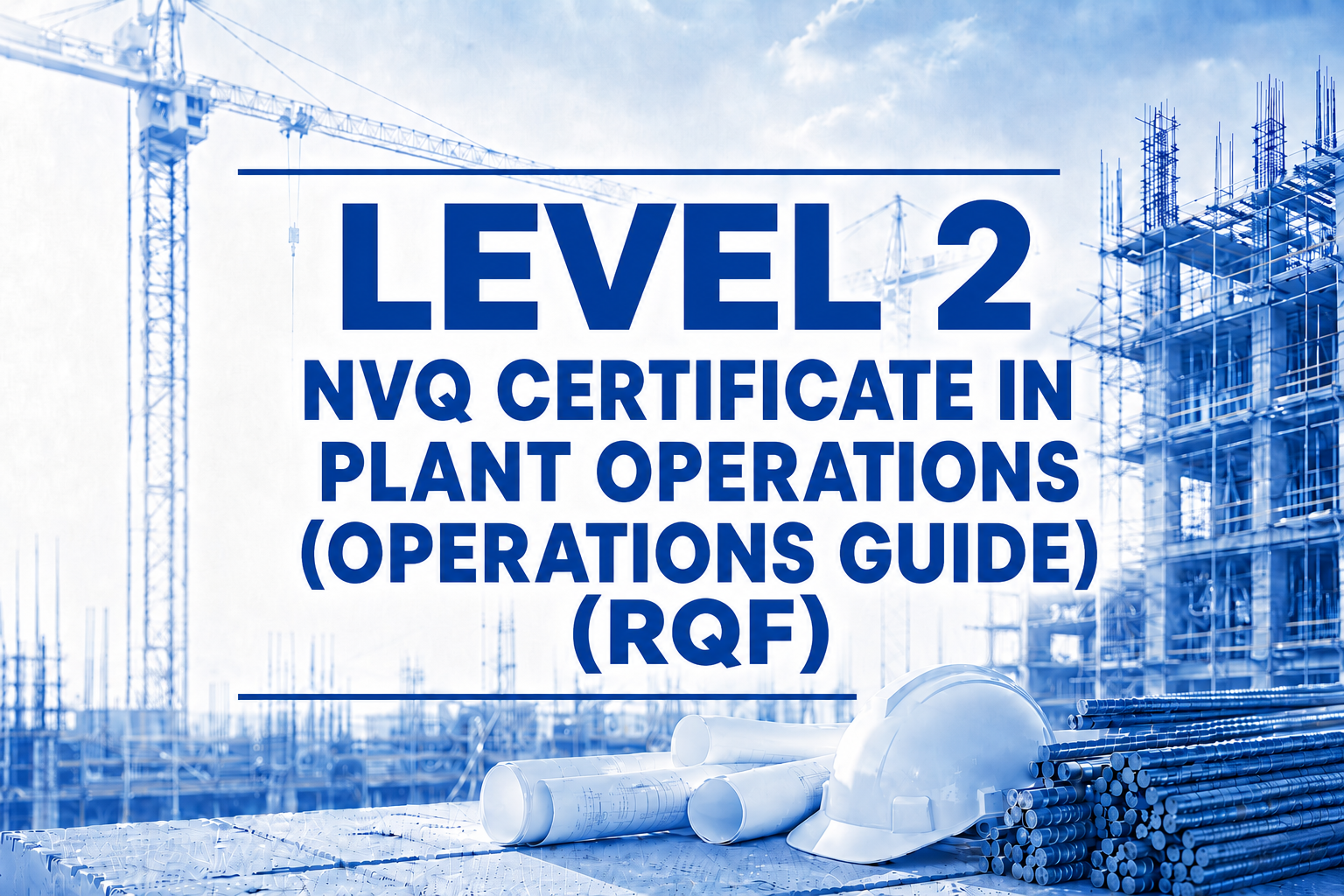 Construction site with cranes and building framework, blue overlay, and a hardhat, blueprints, and metal pipes in the foreground, with text about NVQ Level 2 certificate in plant operations.