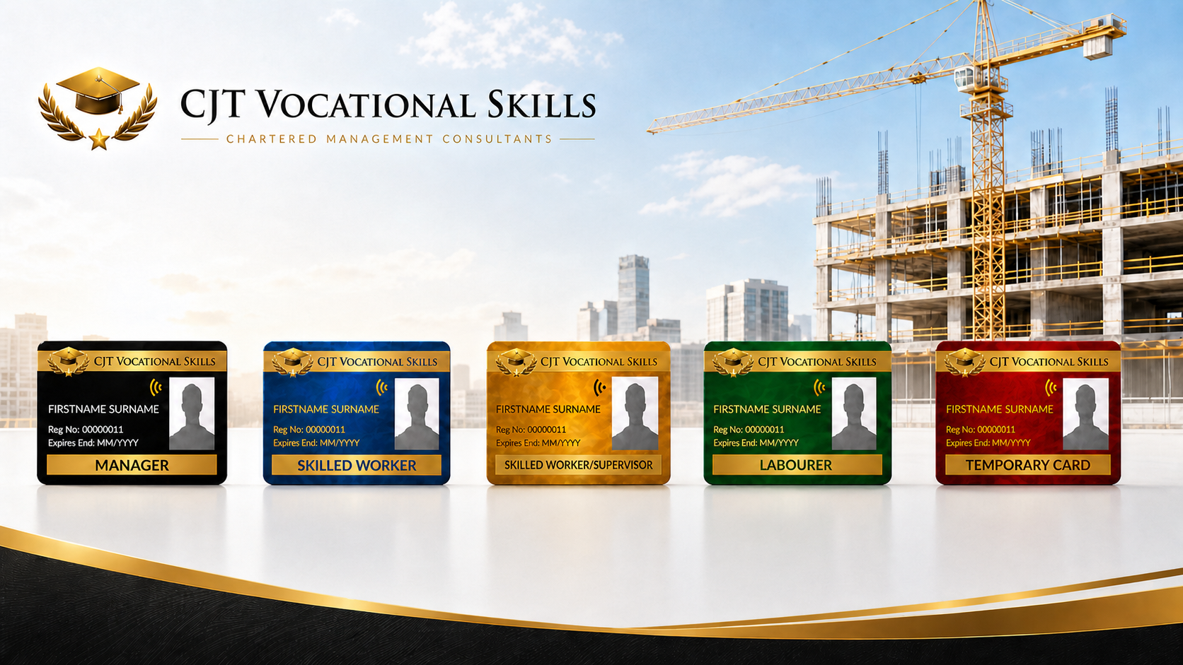 Display of five vocational ID cards for CJT Vocational Skills, each with different roles: manager, skilled worker, skilled worker/supervisor, laborer, and temporary card, set against a construction site background with a crane and high-rise buildings.