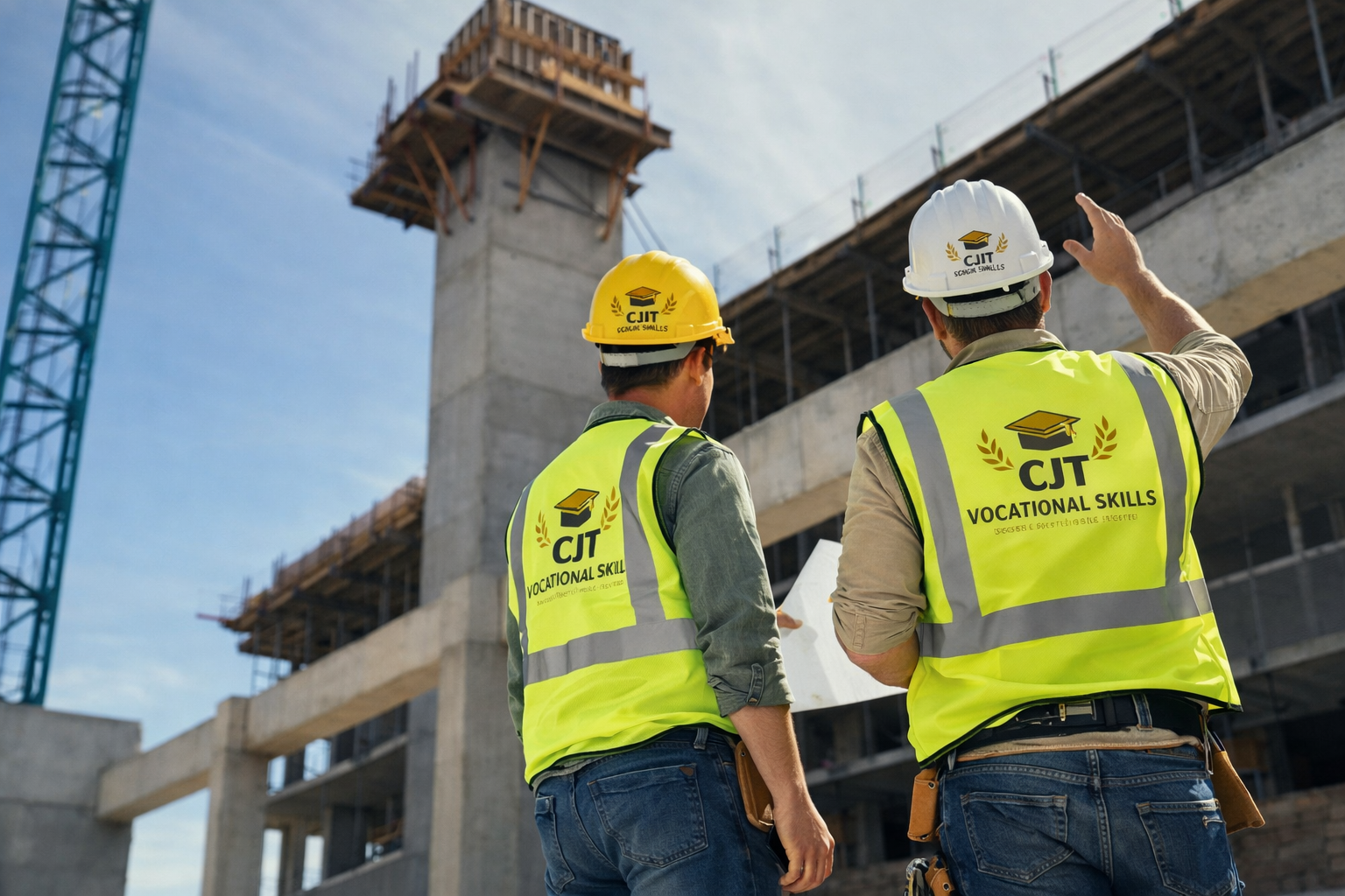 Two construction workers wearing yellow safety vests and helmets, discussing a building under construction.