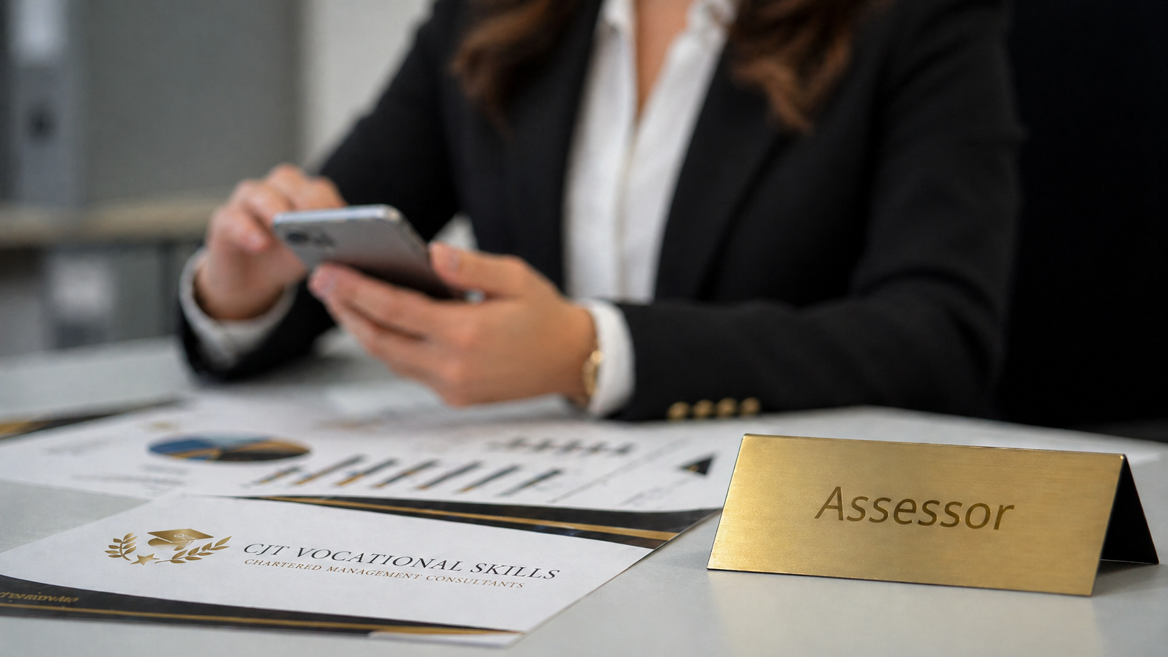 Businesswoman in professional attire using smartphone at a desk with a gold 'Assessor' sign and documents labeled 'CIT Vocational Skills' in front of her.