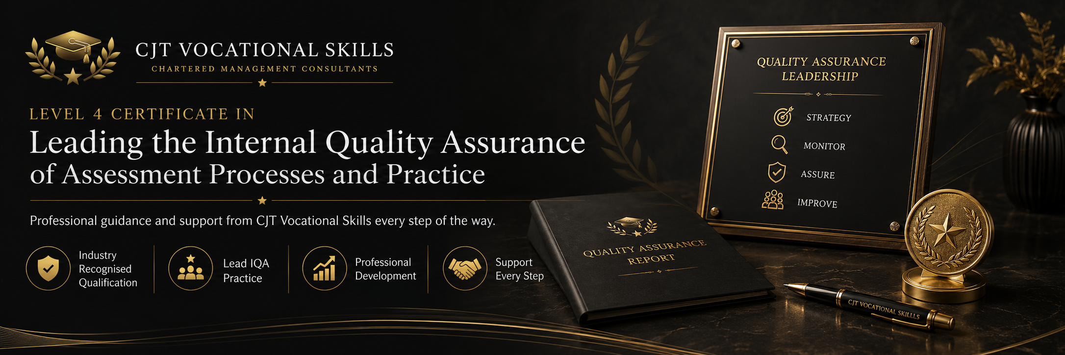 Dark-themed promotional display for CJT Vocational Skills showcasing a certificate in internal quality assurance, a report, a golden medal, a pen, and a framed guideline with strategy, monitor, assure, and improve points.