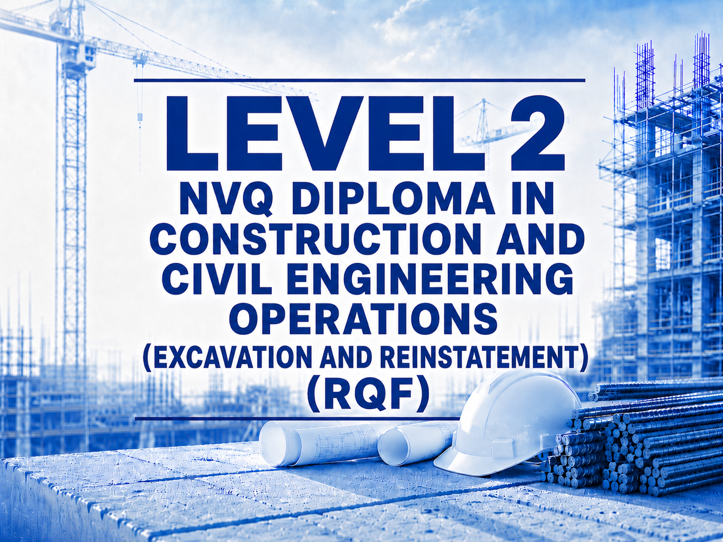 Construction site with a sign indicating a Level 2 NVQ diploma in construction and civil engineering operations, including excavation and reinstatement (RQF), with construction materials, safety helmet, and building structures and cranes in the background.