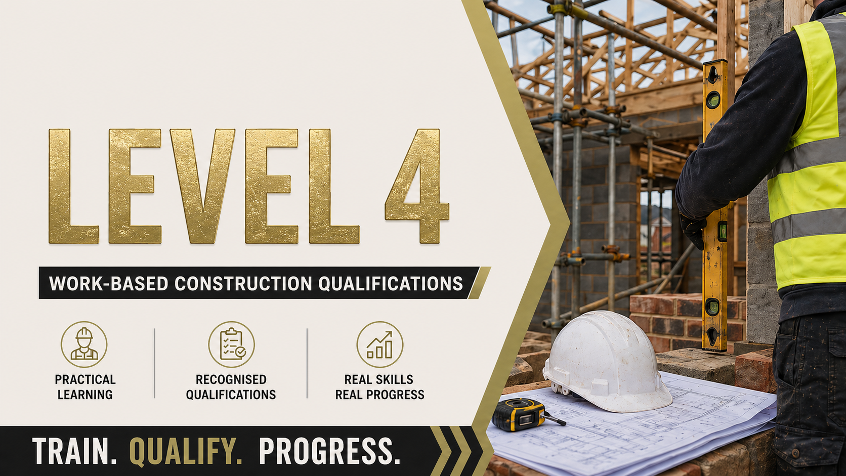 Construction worker wearing a yellow high-visibility vest and black shirt, using a level on a brick wall at a construction site with scaffolding. There is a white hard hat, blueprints, and a measuring tape on a wooden surface.