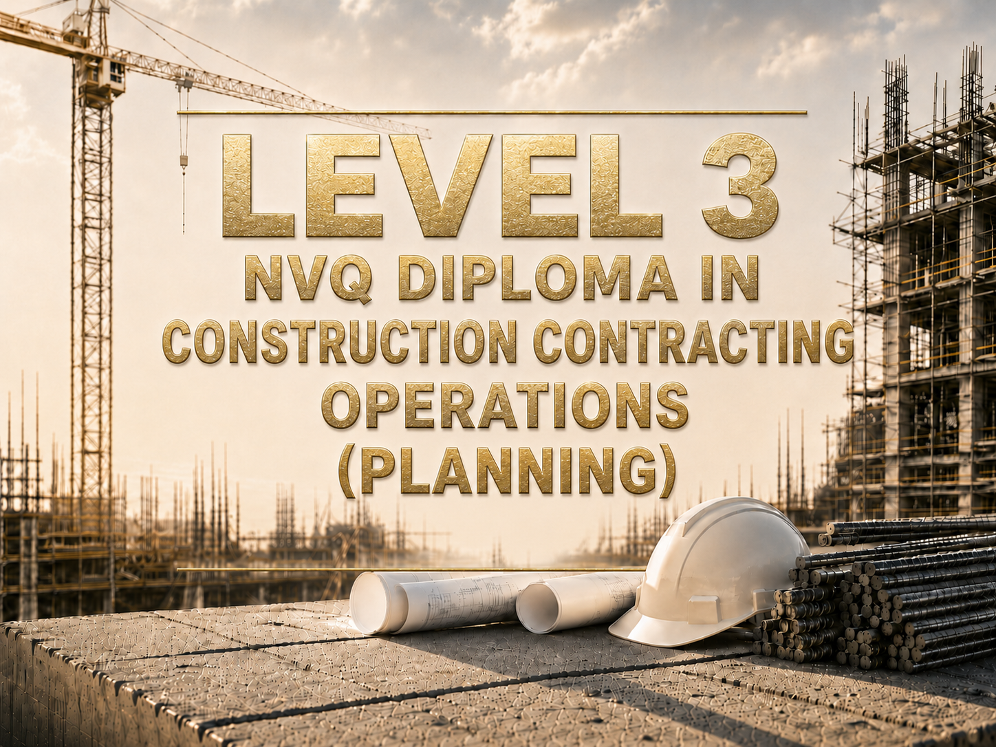 Construction site with steel rods, blueprints, a safety helmet, and a partially built multi-story building in the background, overlaid with gold text reading "Level 3 NVQ Diploma in Construction Contracting Operations (Planning)."