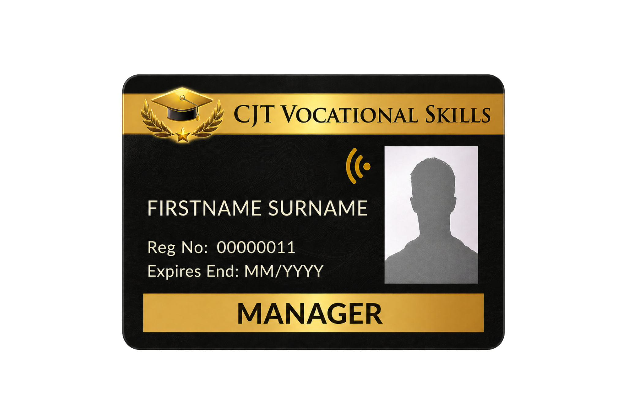 Identification badge for CJT Vocational Skills with a gold and black design, a graduation cap and laurel emblem, and a silhouette placeholder for a photo, displaying fields for first name, surname, registration number, expiration date, and position of manager.