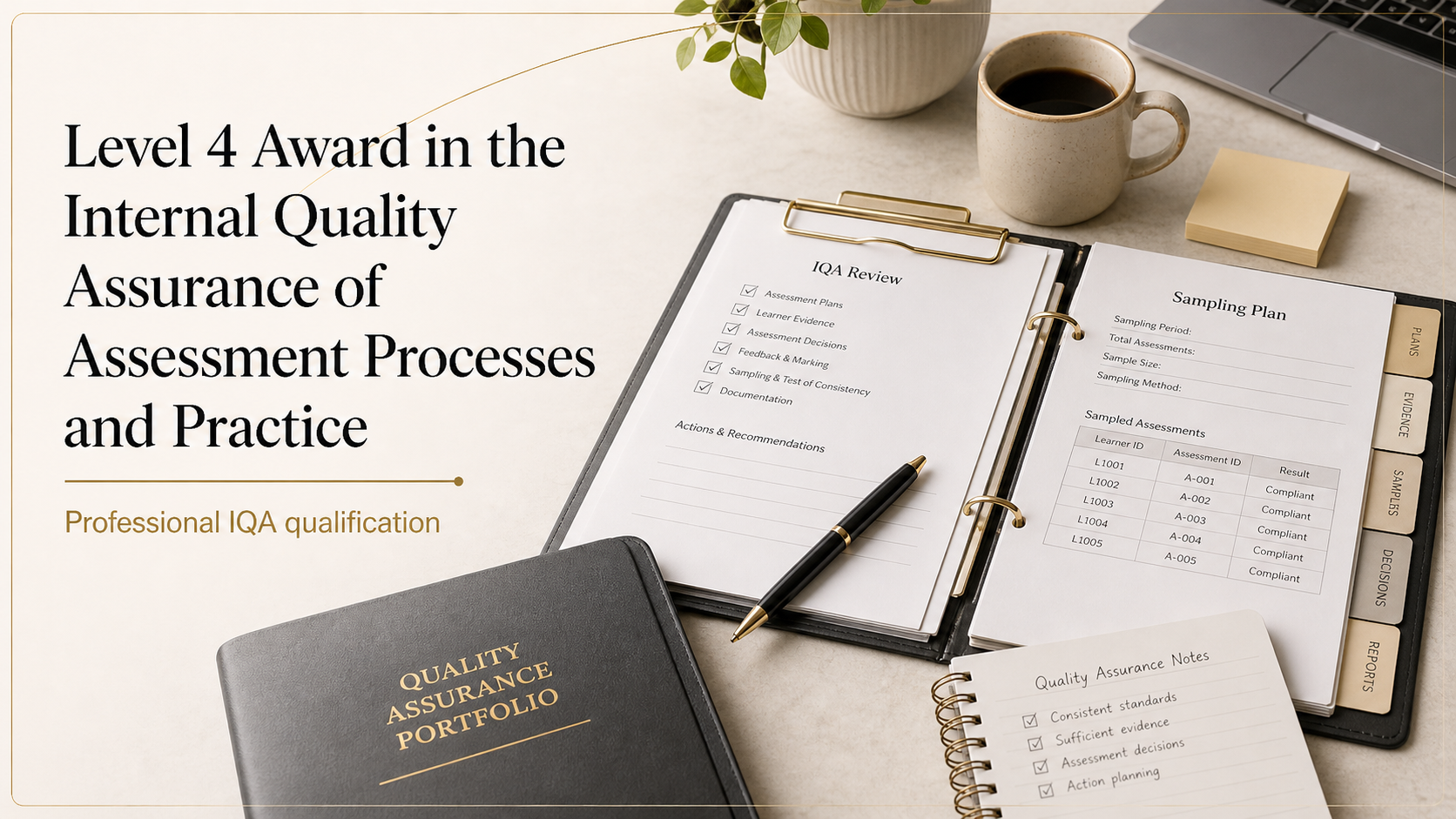 A workspace with documents and a laptop on a light-colored surface. The main document has checkmarks and is titled 'IQA Review'. A black notebook labeled 'Quality Assurance Portfolio' is in the foreground. There is a coffee mug, a small plant, a stack of sticky notes, and on the right, a partially visible laptop.