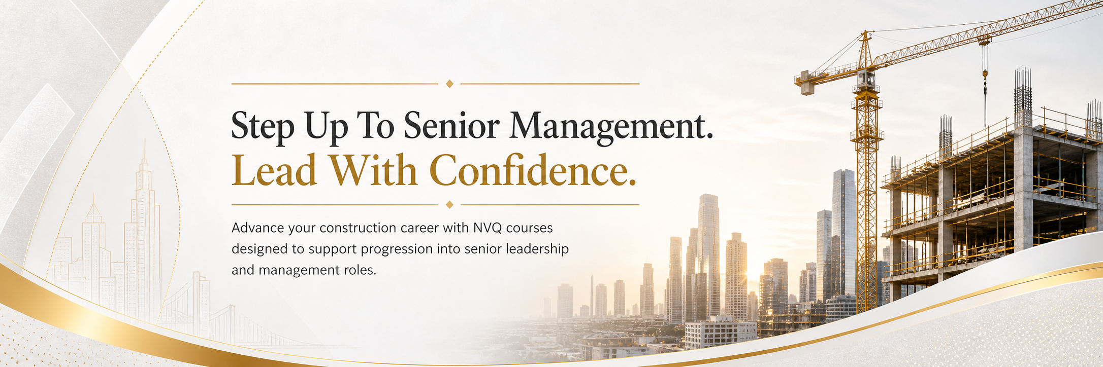 An advertisement for NVQ courses to advance construction careers, with a city skyline and a construction site with cranes and building framework