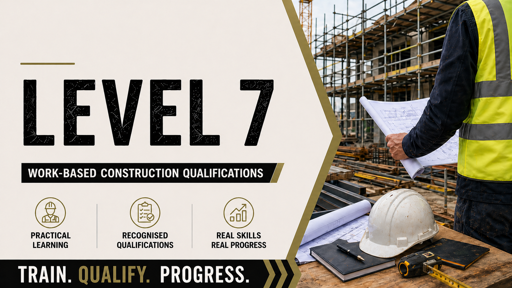 A construction worker wearing a yellow safety vest and holding blueprints at a construction site with scaffolding and building materials in the background. On the left side, a graphic design promoting Level 7 work-based construction qualifications.