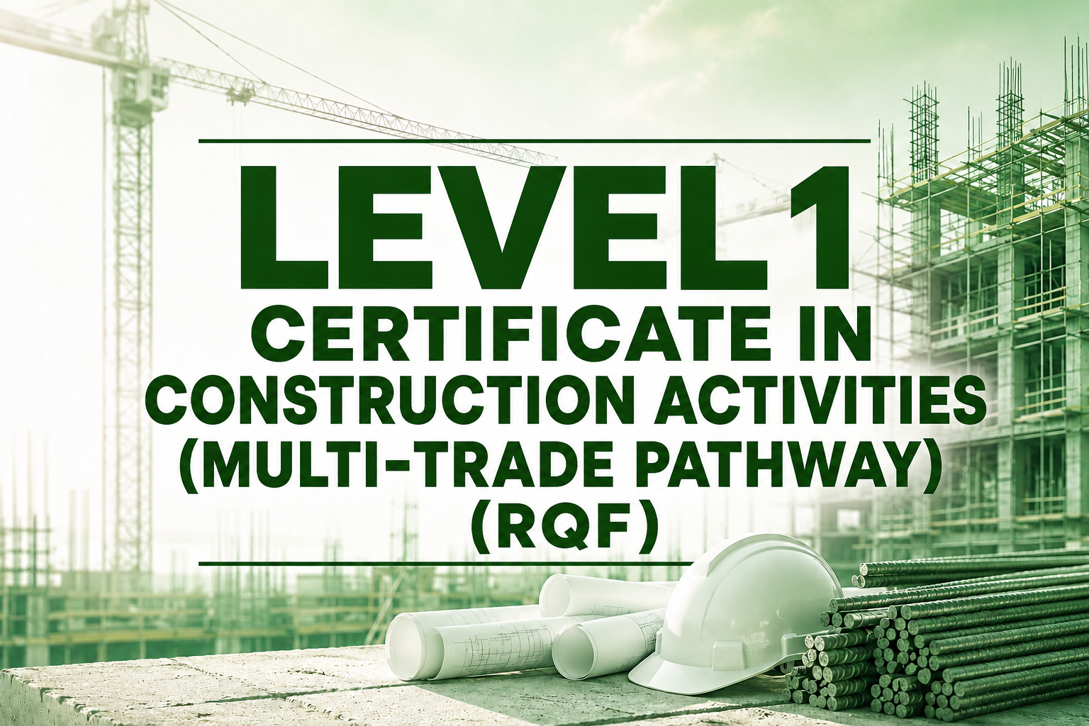Construction site with a crane, building framework, blueprints, a safety helmet, and steel rebar, overlaid with text about a Level 1 construction activities certification.