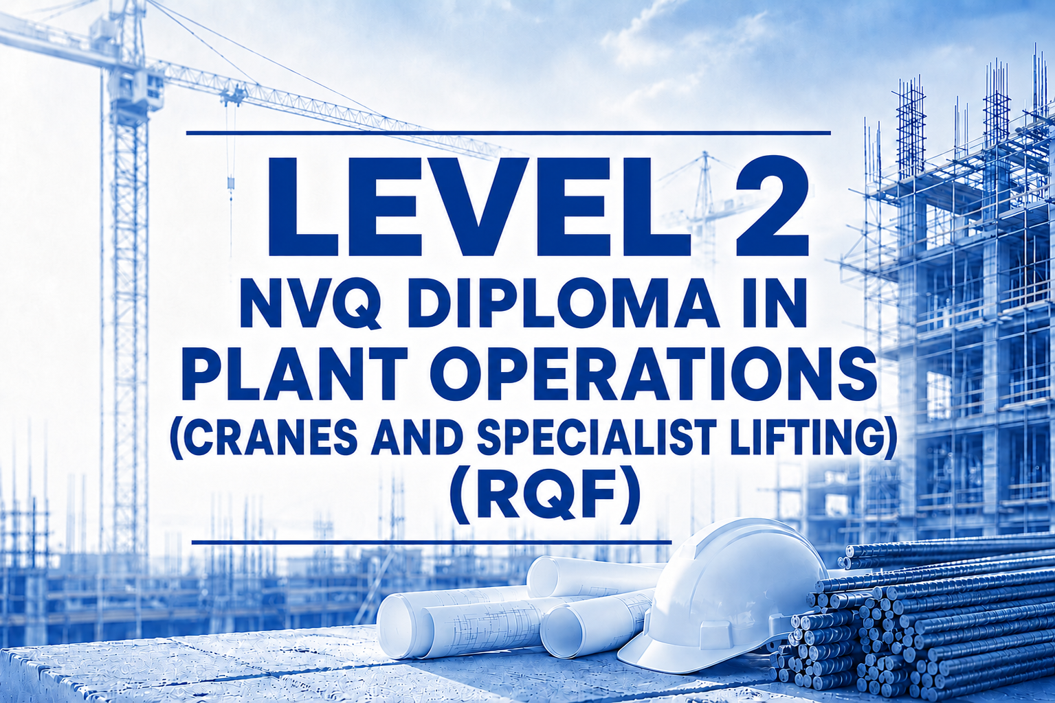 Construction site with cranes and scaffolding, blueprints, safety helmet, and metal pipes, sign indicating Level 2 NVQ diploma in plant operations, cranes, and specialist lifting.