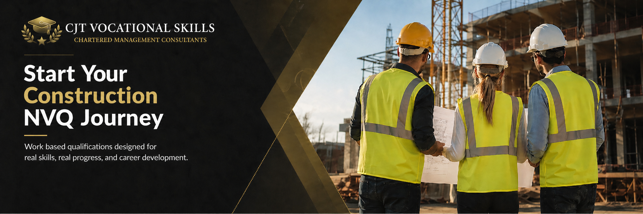 Three construction workers wearing yellow safety vests and helmets, looking at a construction site with scaffolding and building structures.