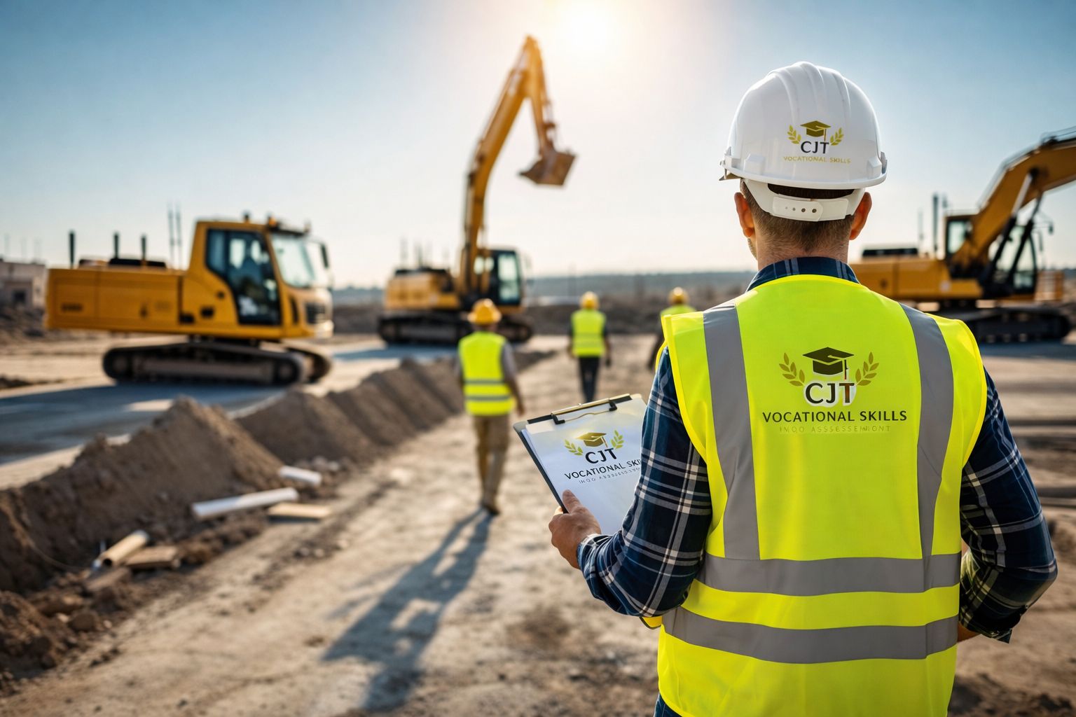 Construction site with workers in yellow safety vests and helmets, excavators moving earth, and a supervisor in the foreground holding a clipboard labeled 'JCT Vocational Skills'.