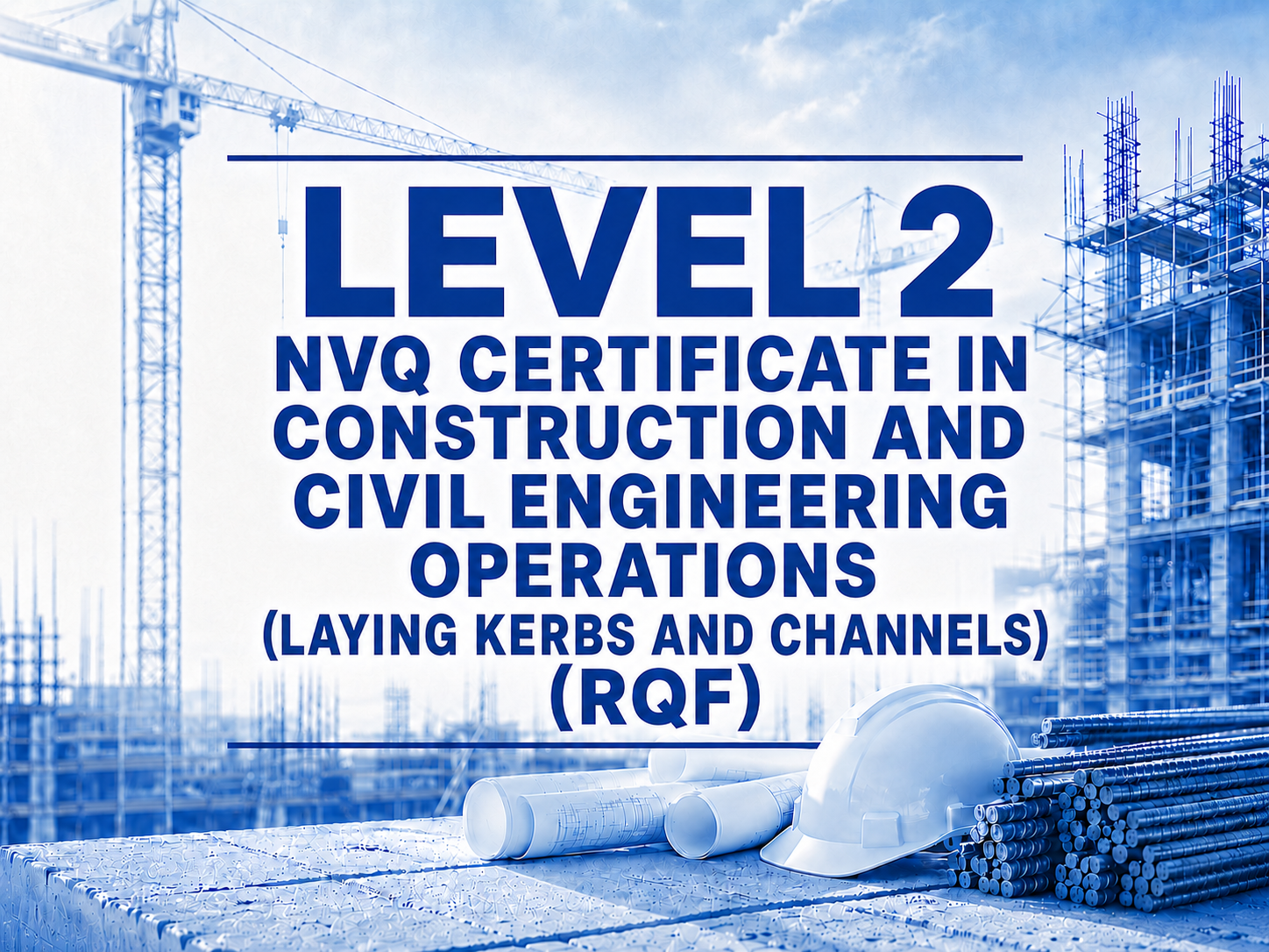 Construction site with scaffolding, cranes, and blueprints, with overlay text about a level 2 NVQ certificate in construction and civil engineering operations.