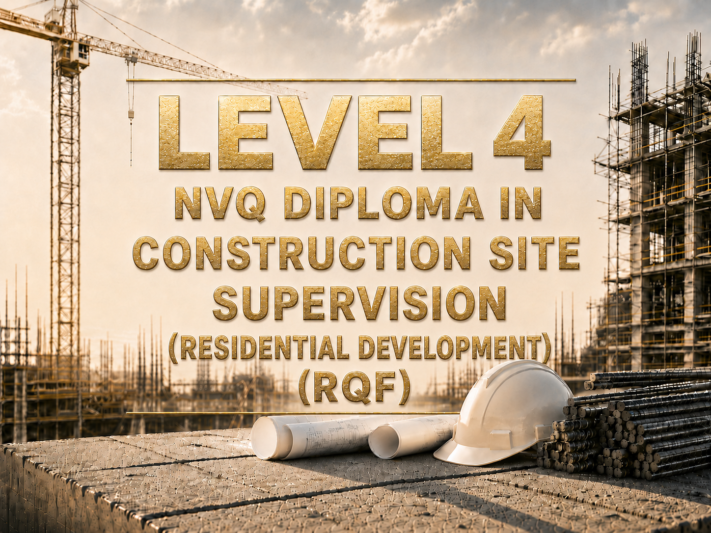 Construction site with a large sign reading "Level 4 NVQ Diploma in Construction Site Supervision (Residential Development) (RQF)", construction materials, a safety helmet, and a crane in the background.