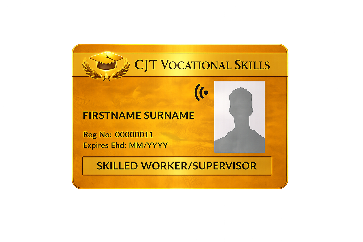 ID card for CJT Vocational Skills with a silhouette photo, registration number 00000011, expires in MM/YYYY, labeled as Skilled Worker/Supervisor.