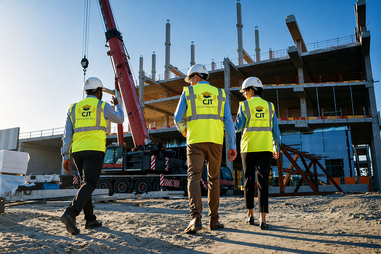 Three construction workers in safety vests and helmets walking on a construction site with a building under construction and a crane in the background.