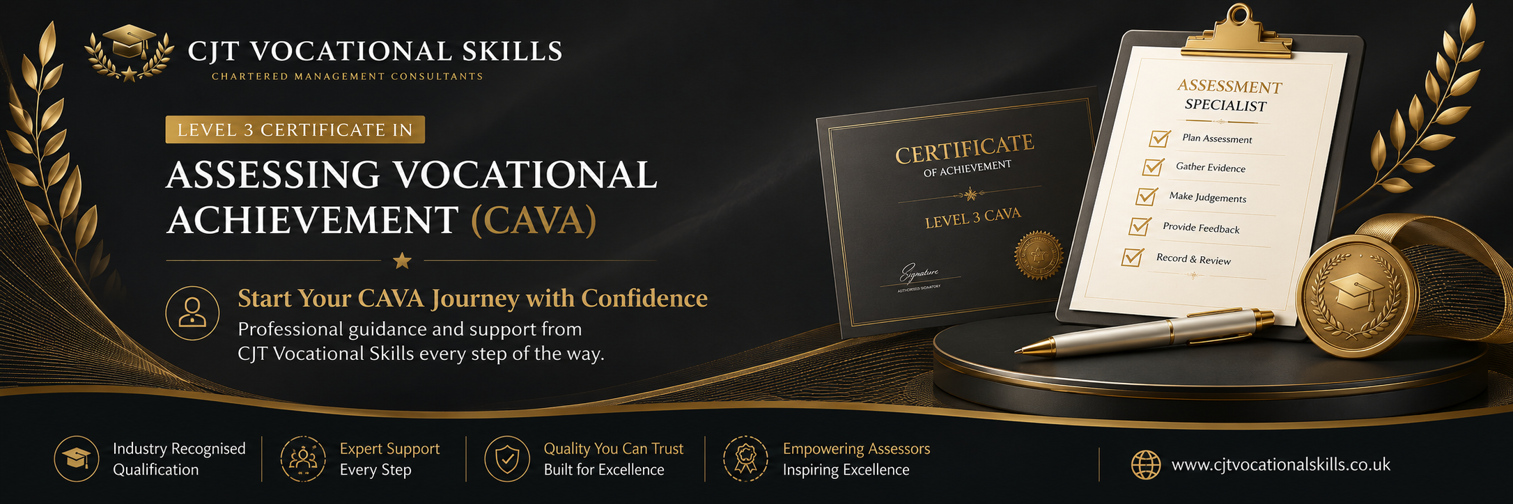 Advertisement for CJT Vocational Skills promoting Level 3 Certification in Assessing Vocational Achievement (CAVA). Features a certificate, assessment checklist, gold medal, pen, and a website link.