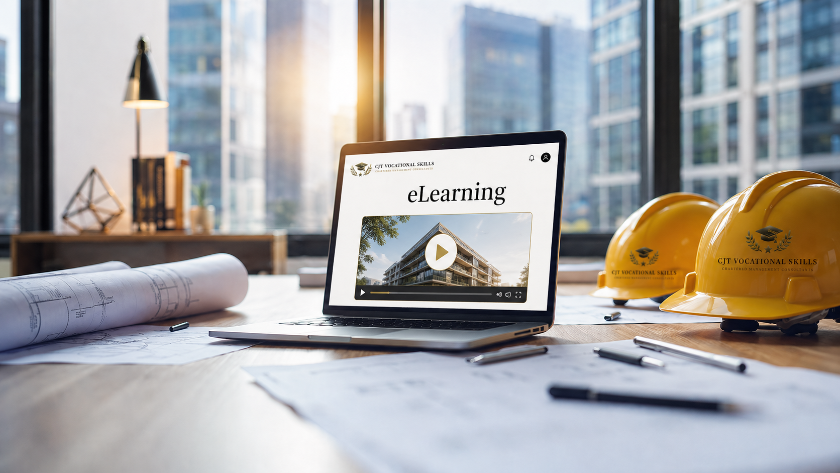 A desk in an office with a laptop displaying an eLearning course for a vocational skills program, two yellow construction helmets with company logos, rolled architectural plans, pens, and a large window showing city buildings outside.