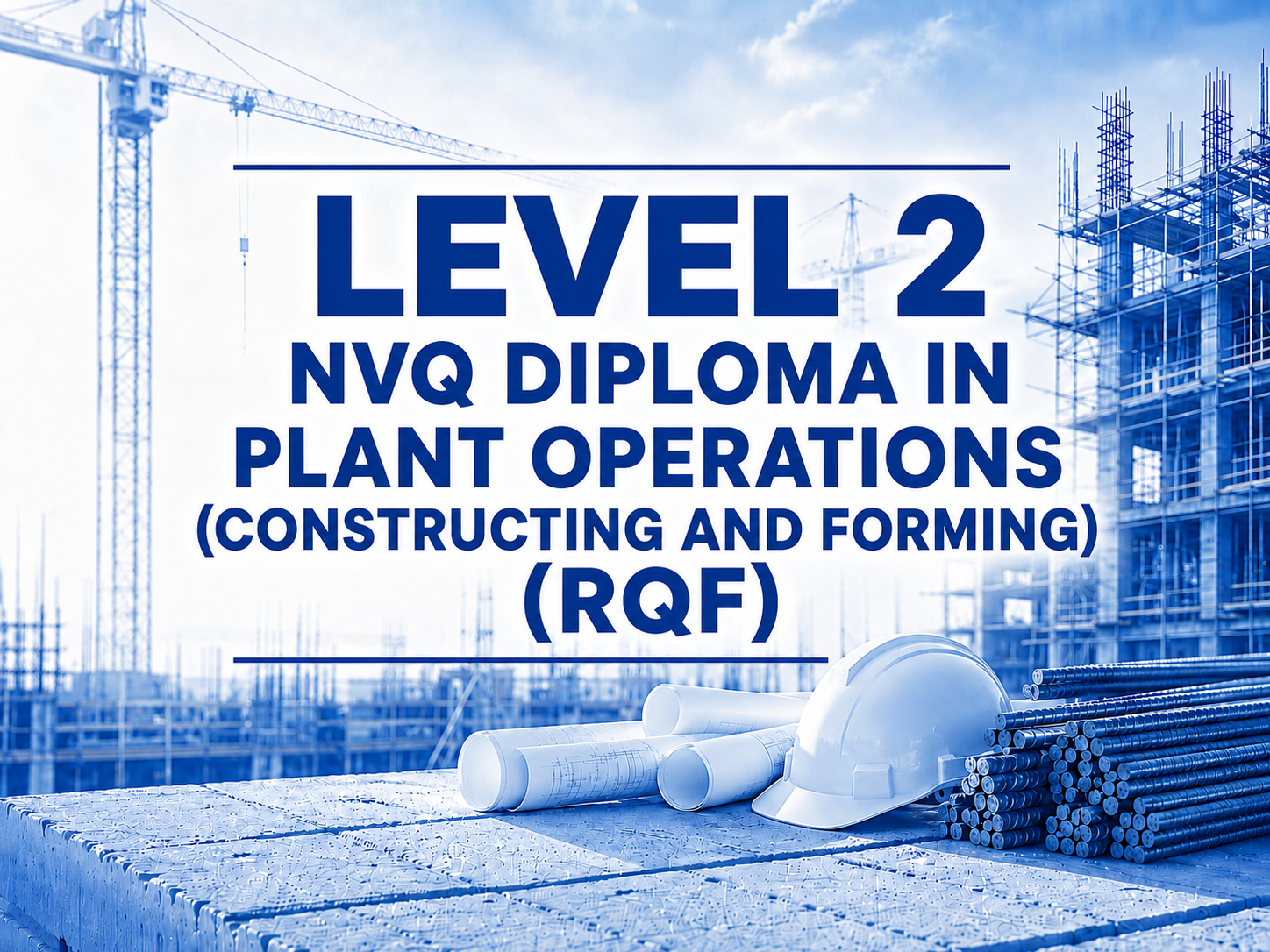 Construction site with cranes and partially built buildings, blueprints and safety helmet on wooden platform foreground, overlayed with text about NVQ diploma in plant operations.