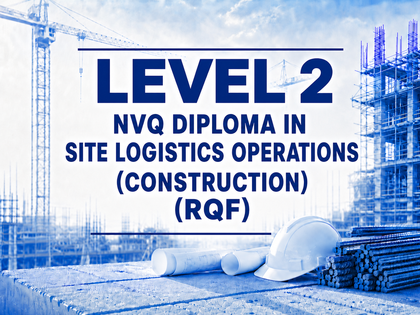 Construction site with cranes, scaffolding, blueprints, and safety helmet, with overlaid text reading "Level 2 NVQ Diploma in Site Logistics Operations (Construction) (RQF)."