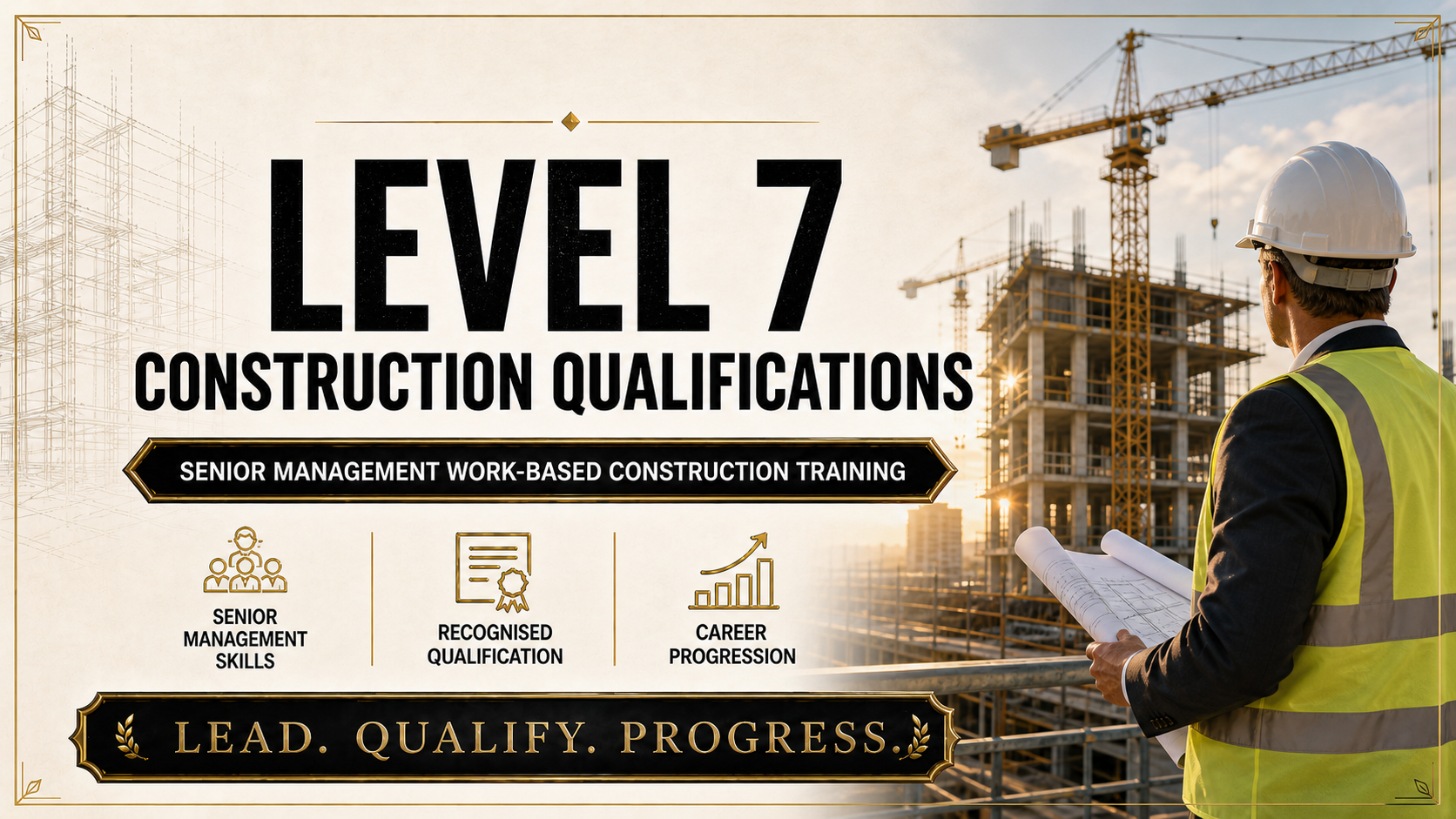 Promotional poster for Level 7 construction qualifications featuring a construction site with a worker in a hard hat and safety vest, skyscraper frameworks, and cranes in the background.