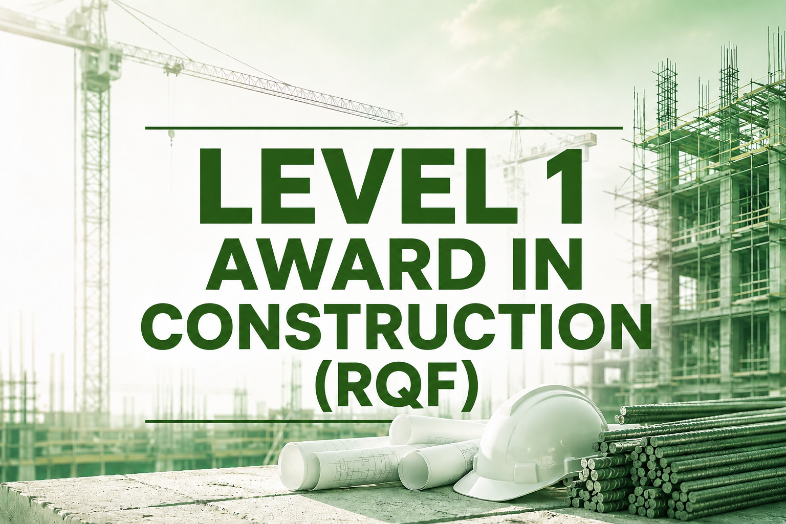 Construction site with cranes and building framework, with text overlay stating "Level 1 Award in Construction (RQF)" and construction-related tools and blueprints in the foreground.
