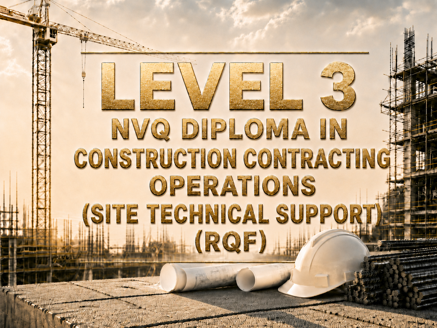 Construction site with cranes, scaffolding, pipes, and a white safety helmet. Overlay text announces 'Level 3 NVQ Diploma in Construction Contracting Operations (Site Technical Support) RQF.'