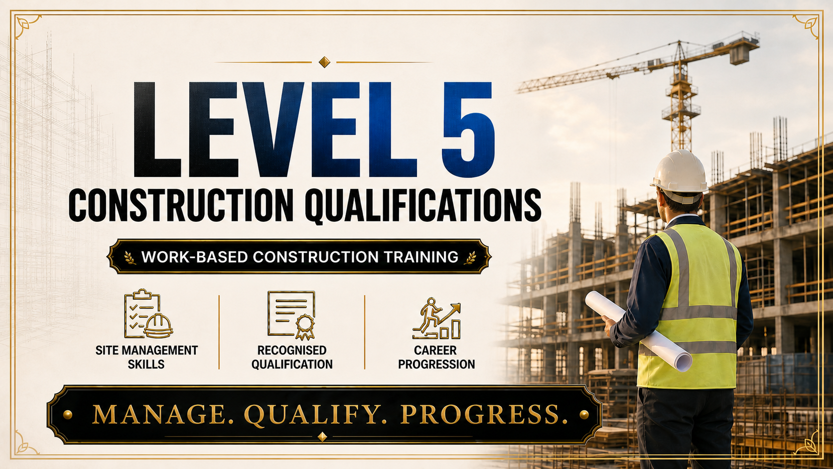 A construction site with a worker in a safety vest and helmet reviewing plans, alongside a promotional poster for Level 5 Construction Qualifications, highlighting work-based training, site management skills, recognized qualification, and career progression.