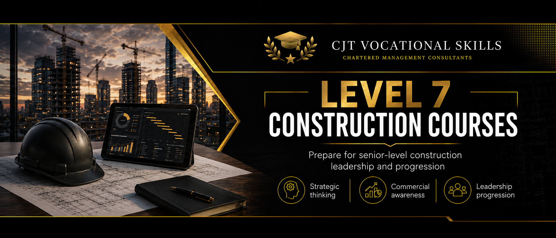 Advertisement for CJT Vocational Skills Level 7 Construction Courses featuring a construction helmet, tablet with data charts, blueprints, and a pen on a desk with a construction site skyline at sunset in the background.