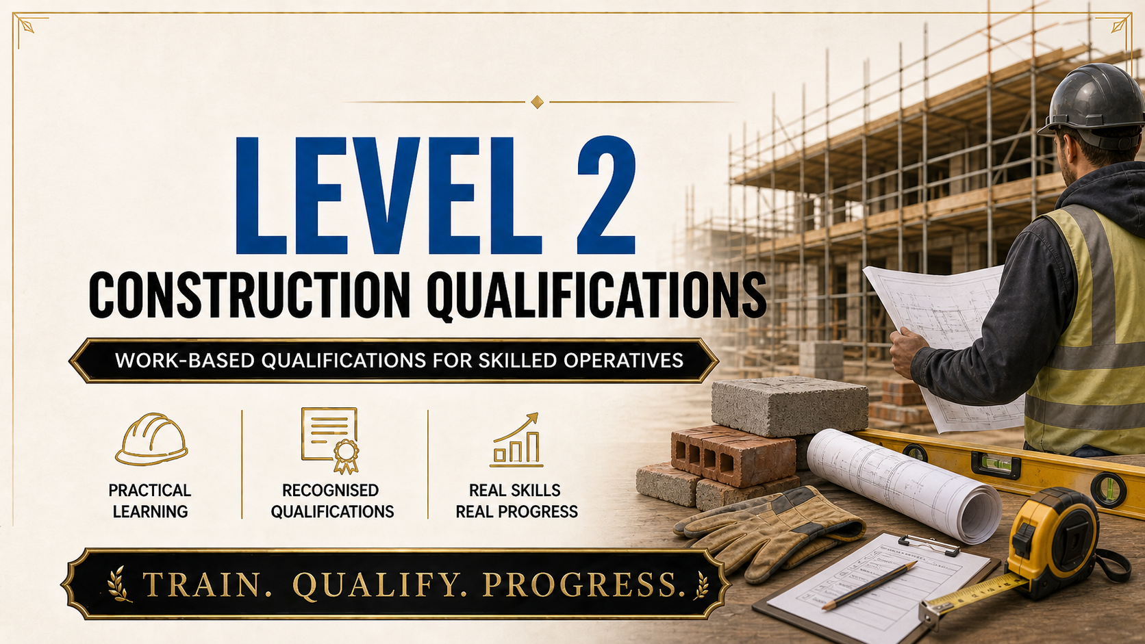 Construction worker at a building site holding blueprints, with bricks, drafting tools, and a level on a table in the foreground, and an under-construction building with scaffolding in the background.