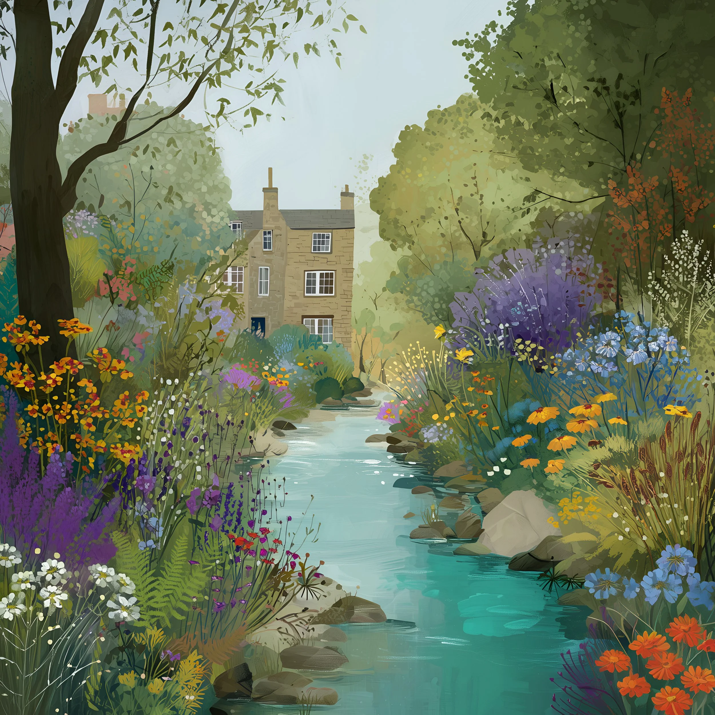 A colorful digital painting of a lush garden with vibrant flowers, green foliage, and a stream. A stone house with chimneys is visible through the trees in the background under a clear sky.