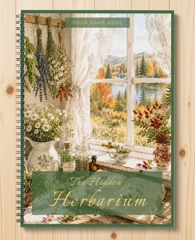 The Hidden Herbarium printable plant journal in green, cover with lavender and daisies at a lakeside window