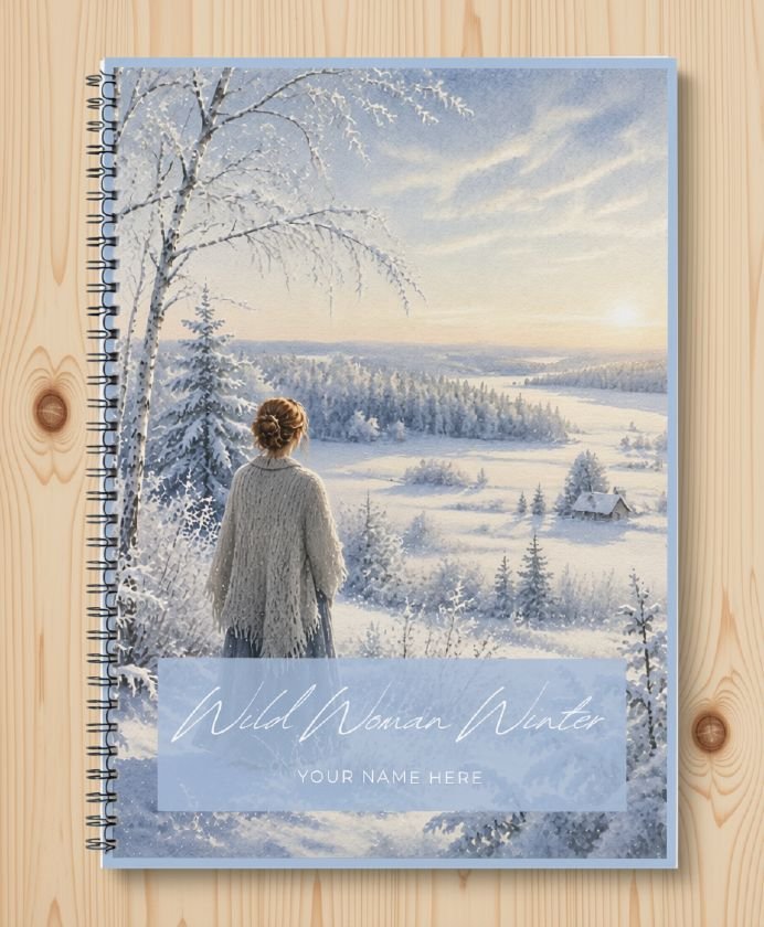 Wild Woman Winter printable seasonal journal, cover with a woman looking over a snowy valley at sunrise