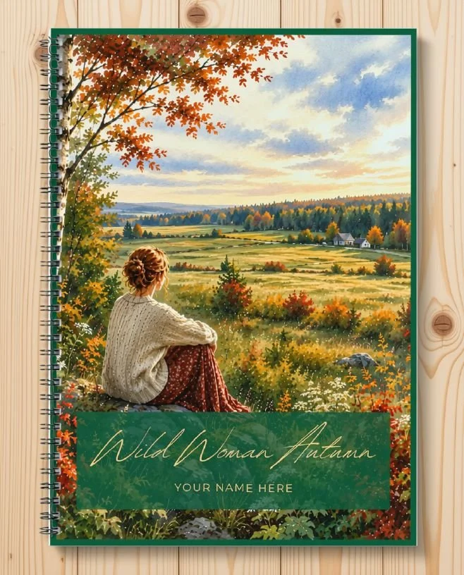 Wild Woman Autumn printable seasonal journal in green, cover with a woman on a hillside among red maple leaves
