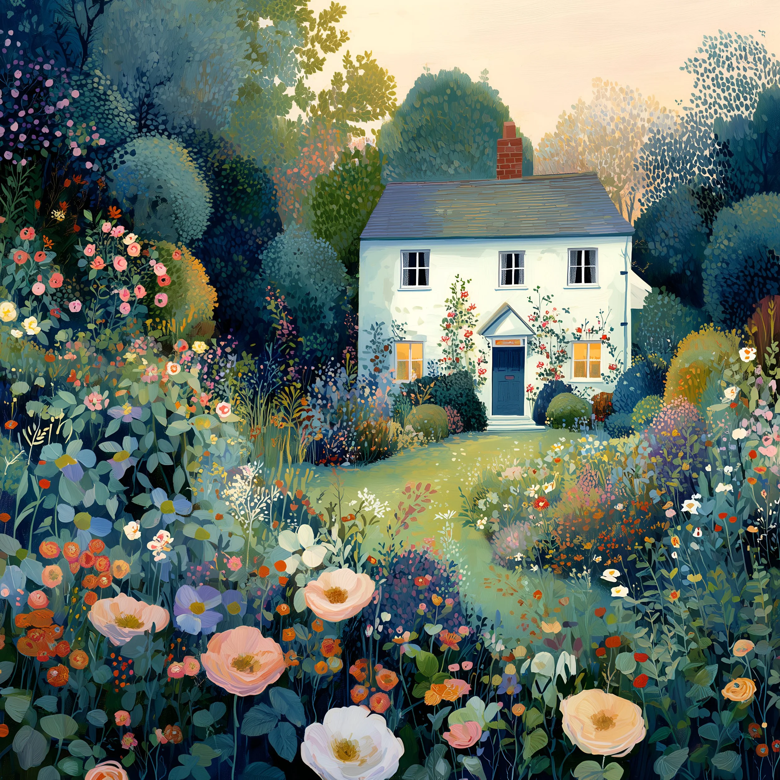 Painting of a house surrounded by colorful flowers and lush foliage with a bright sky in the background.
