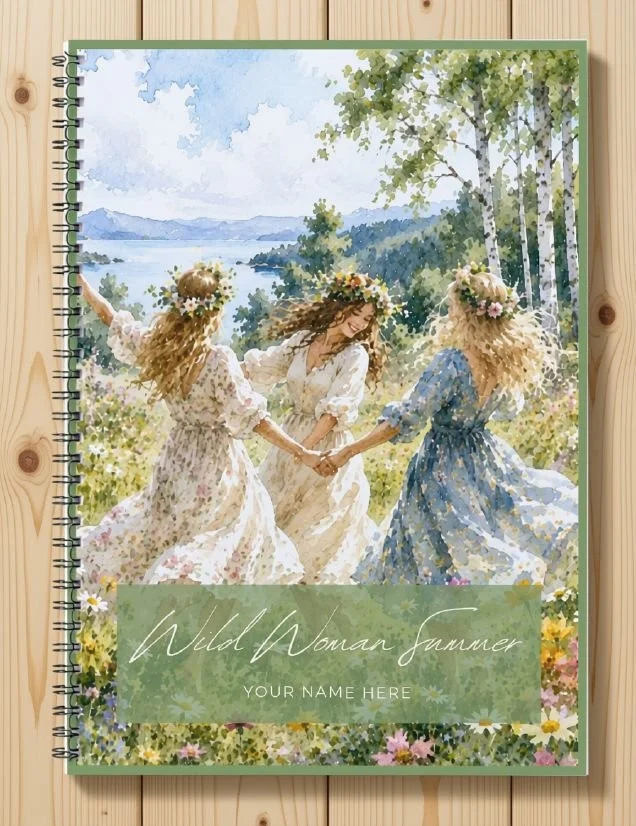 Wild Woman Summer printable seasonal journal in green, cover with three women in flower crowns dancing in a lakeside meadow