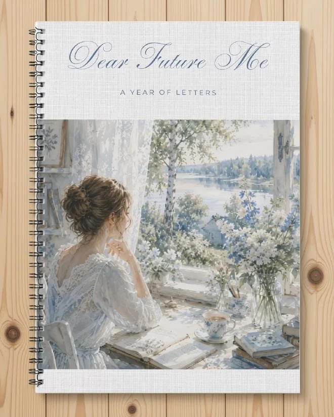 Dear Future Me printable journal — a year of weekly letters, cover showing a woman writing at a window